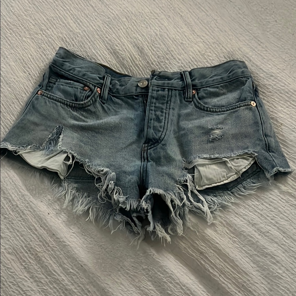We The Free Blue Jean Shorts Distressed Frayed Hem